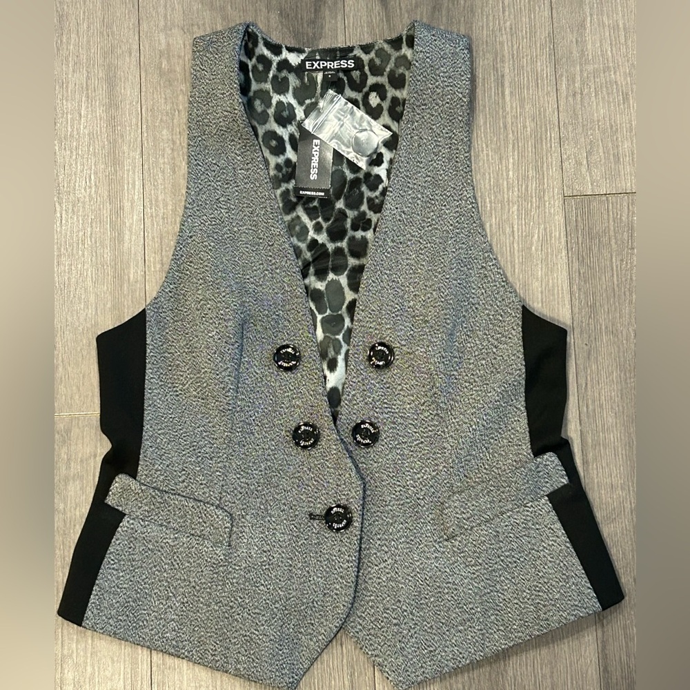 Express Women's Gray and Black Buttoned Vest